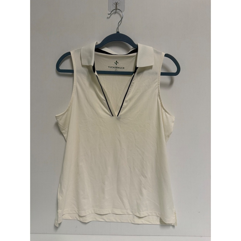 Tuckernuck Womens Sleeveless Polo Shirt Cream Navy Trim V-Neck Golf Top Large